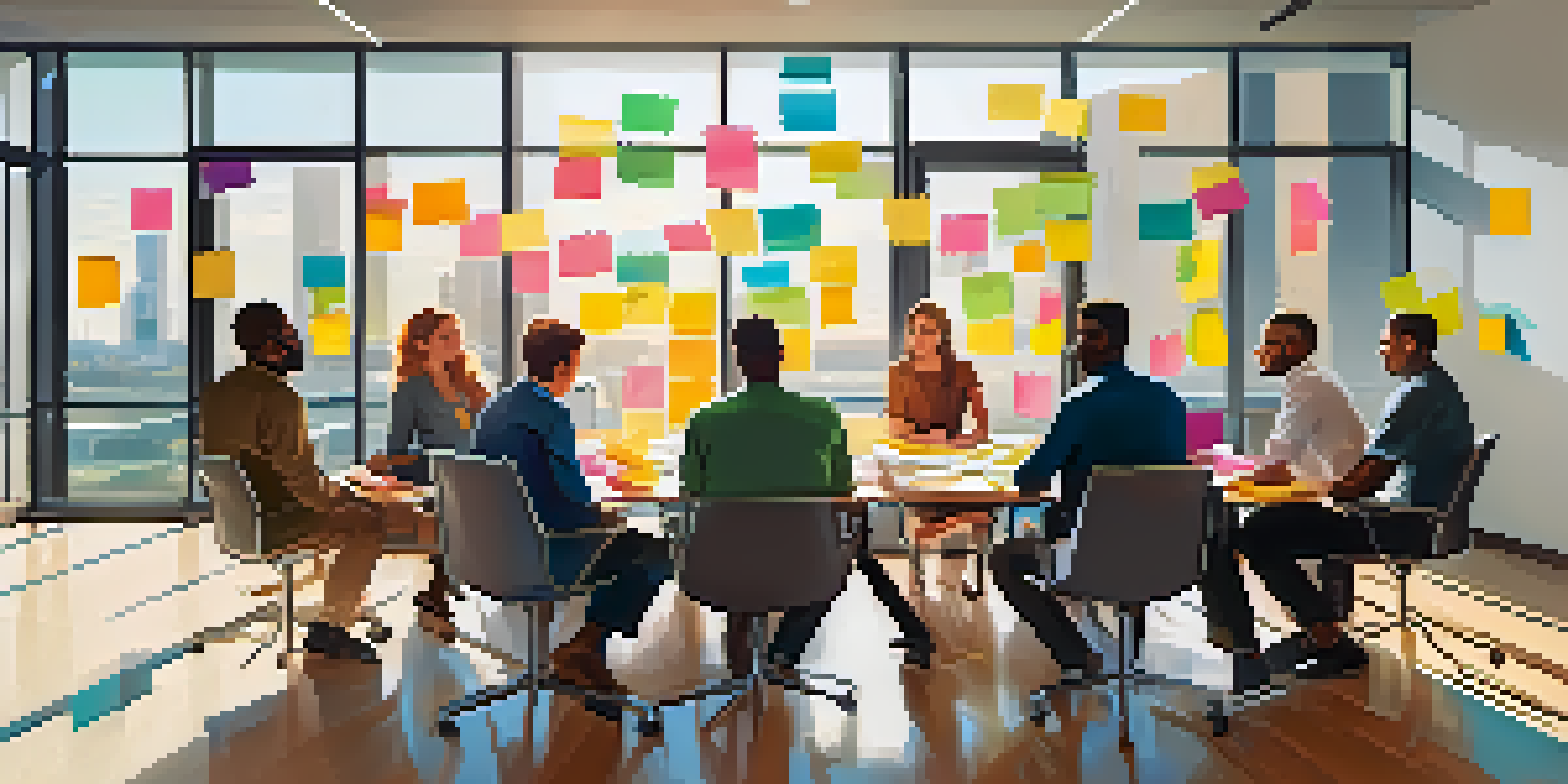 A diverse group of professionals brainstorming in a bright conference room with sticky notes and sketches.