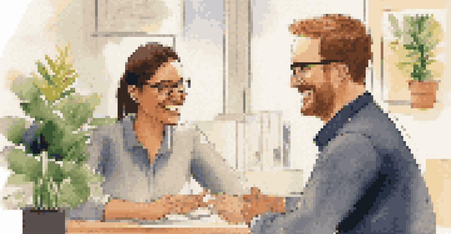 A leader providing constructive feedback to a team member in a cozy office, with a warm and supportive atmosphere created by plants and motivational posters.