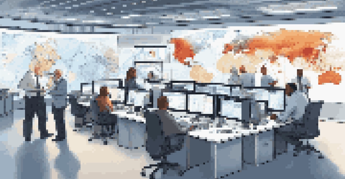 A diverse team of professionals in a high-tech control room working together to manage a crisis, with screens showing real-time data and maps.