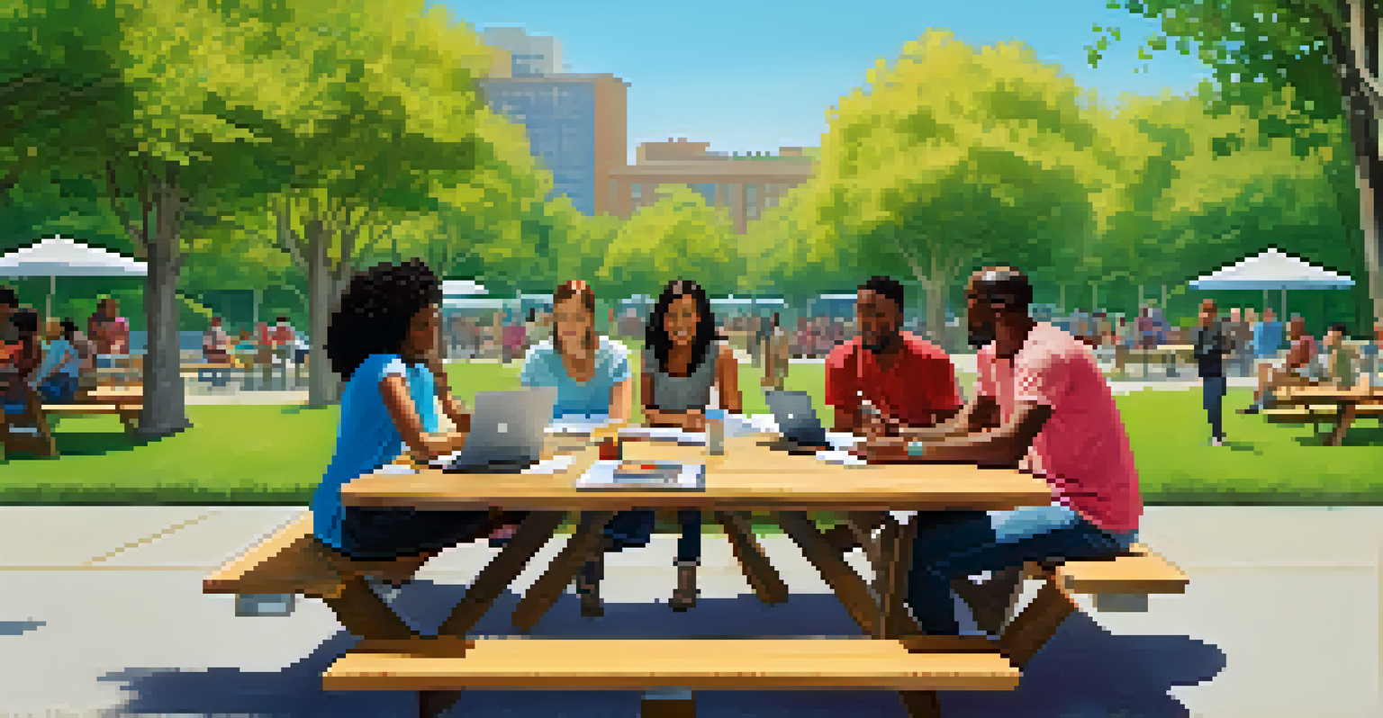 A diverse group of people engaged in a brainstorming session outdoors at a picnic table in a park.