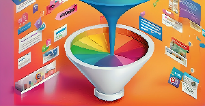 An illustration of a marketing funnel with colorful icons representing different stages from awareness to conversion.