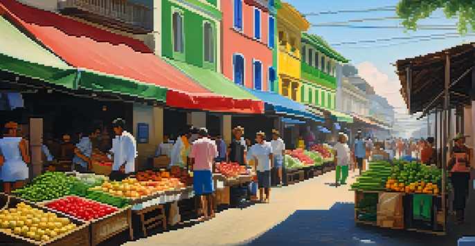 A lively Brazilian market with colorful fruits and vegetables, bright sunlight, and traditional architecture in the background.