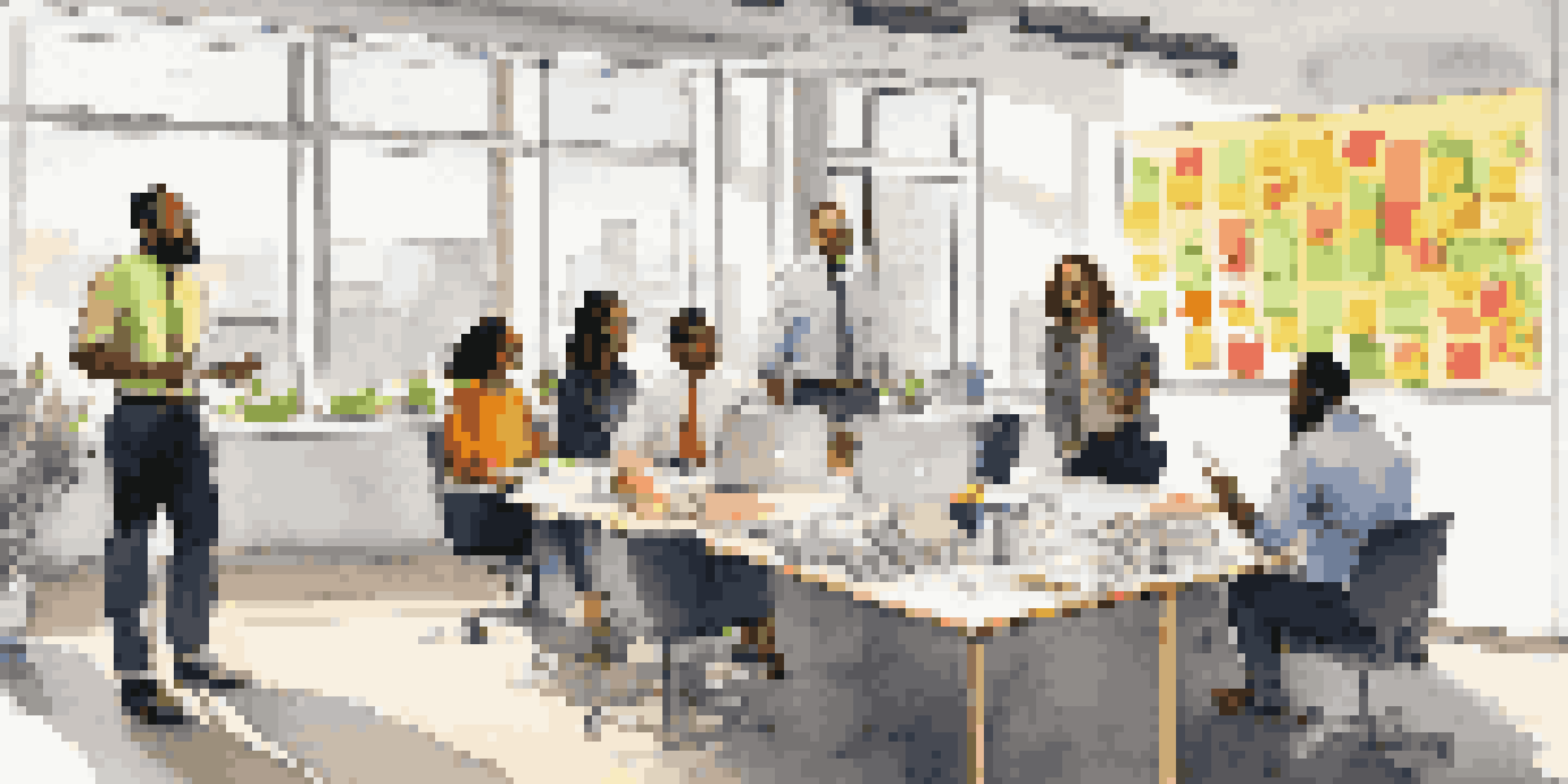 A diverse group of professionals in an office, engaged in a lively stand-up meeting with a whiteboard and sticky notes.