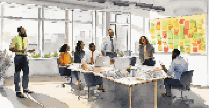 A diverse group of professionals in an office, engaged in a lively stand-up meeting with a whiteboard and sticky notes.