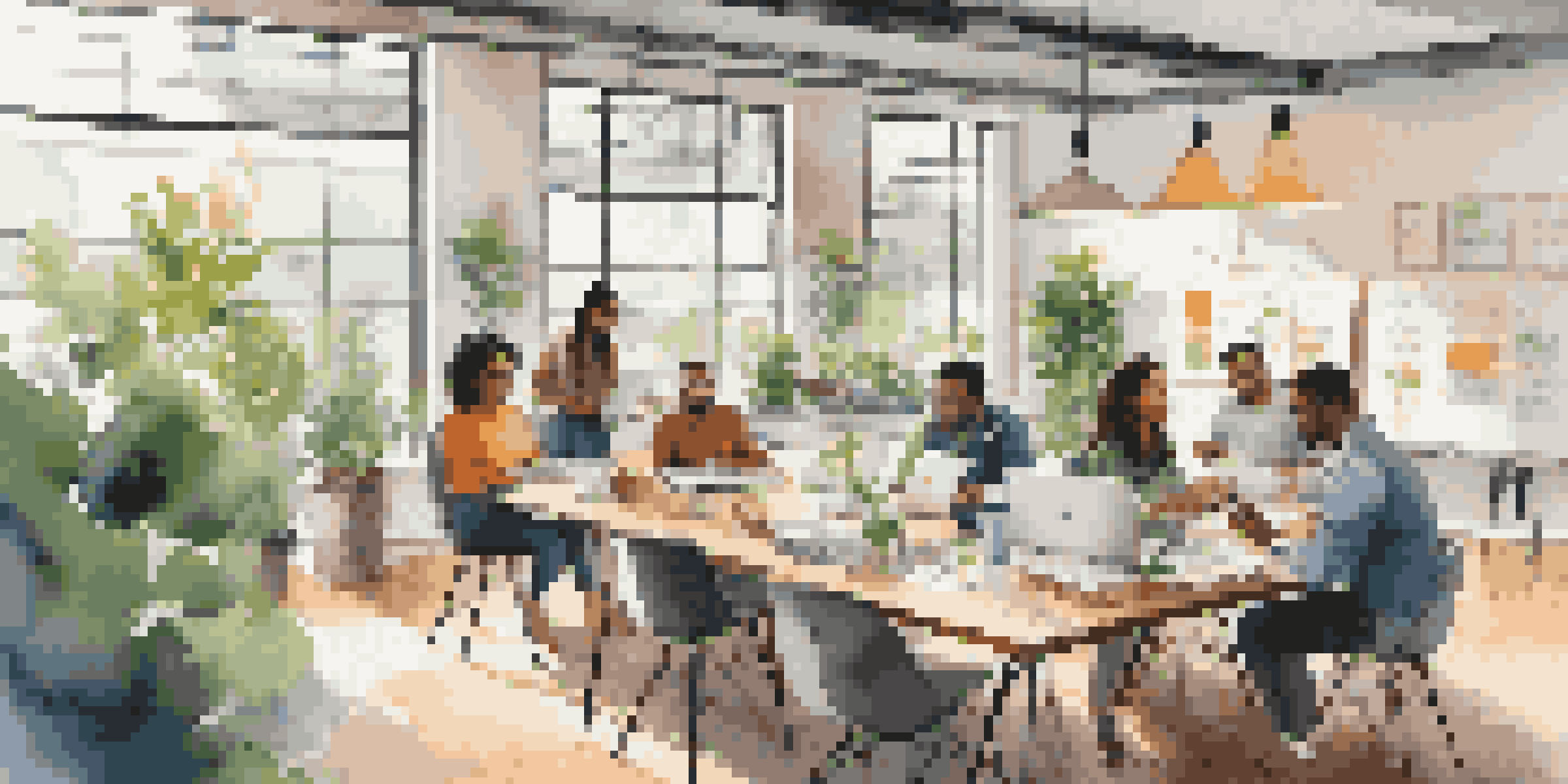 A bright co-working space where diverse entrepreneurs are collaborating at a large table, with laptops and a whiteboard in the background.