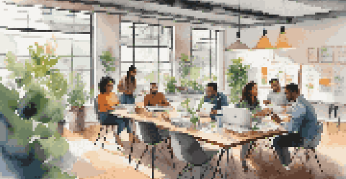 A bright co-working space where diverse entrepreneurs are collaborating at a large table, with laptops and a whiteboard in the background.
