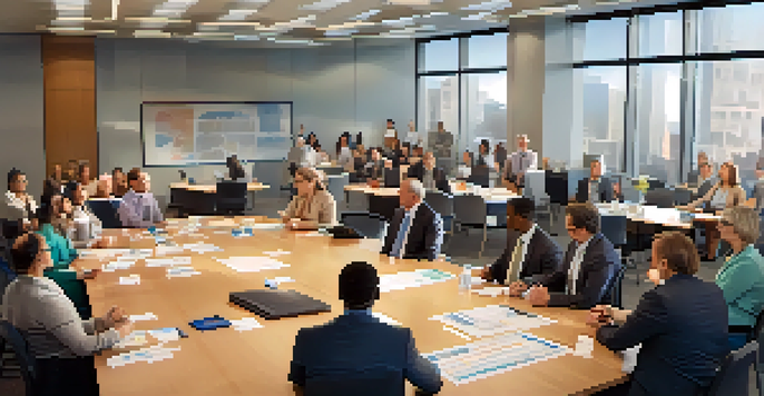 A group of diverse employees engaged in a crisis simulation exercise, discussing strategies around a conference table in a well-lit office environment.
