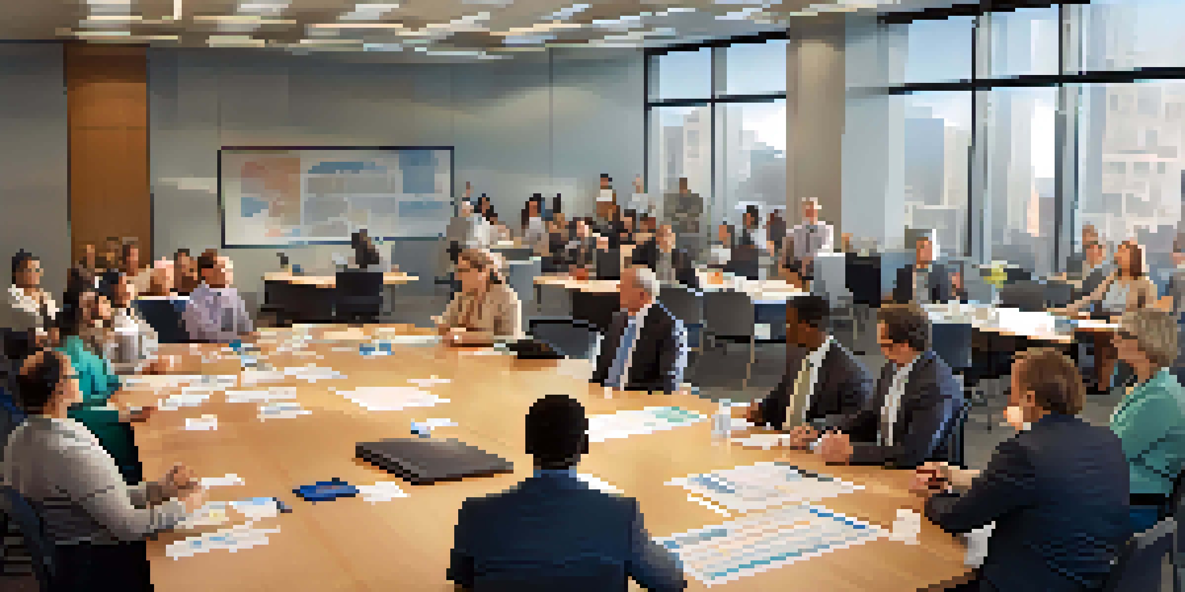 A group of diverse employees engaged in a crisis simulation exercise, discussing strategies around a conference table in a well-lit office environment.