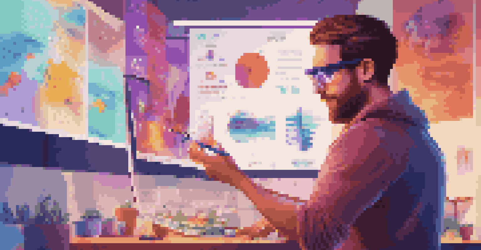A person using augmented reality glasses in a vibrant workspace to create interactive marketing content, surrounded by colorful infographics.