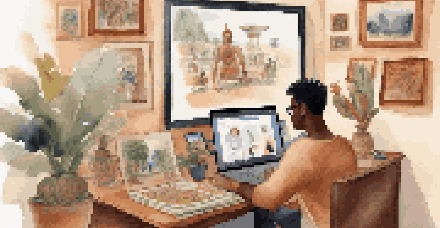 A person participating in a virtual networking session with cultural artifacts around them, engaged in a video call.