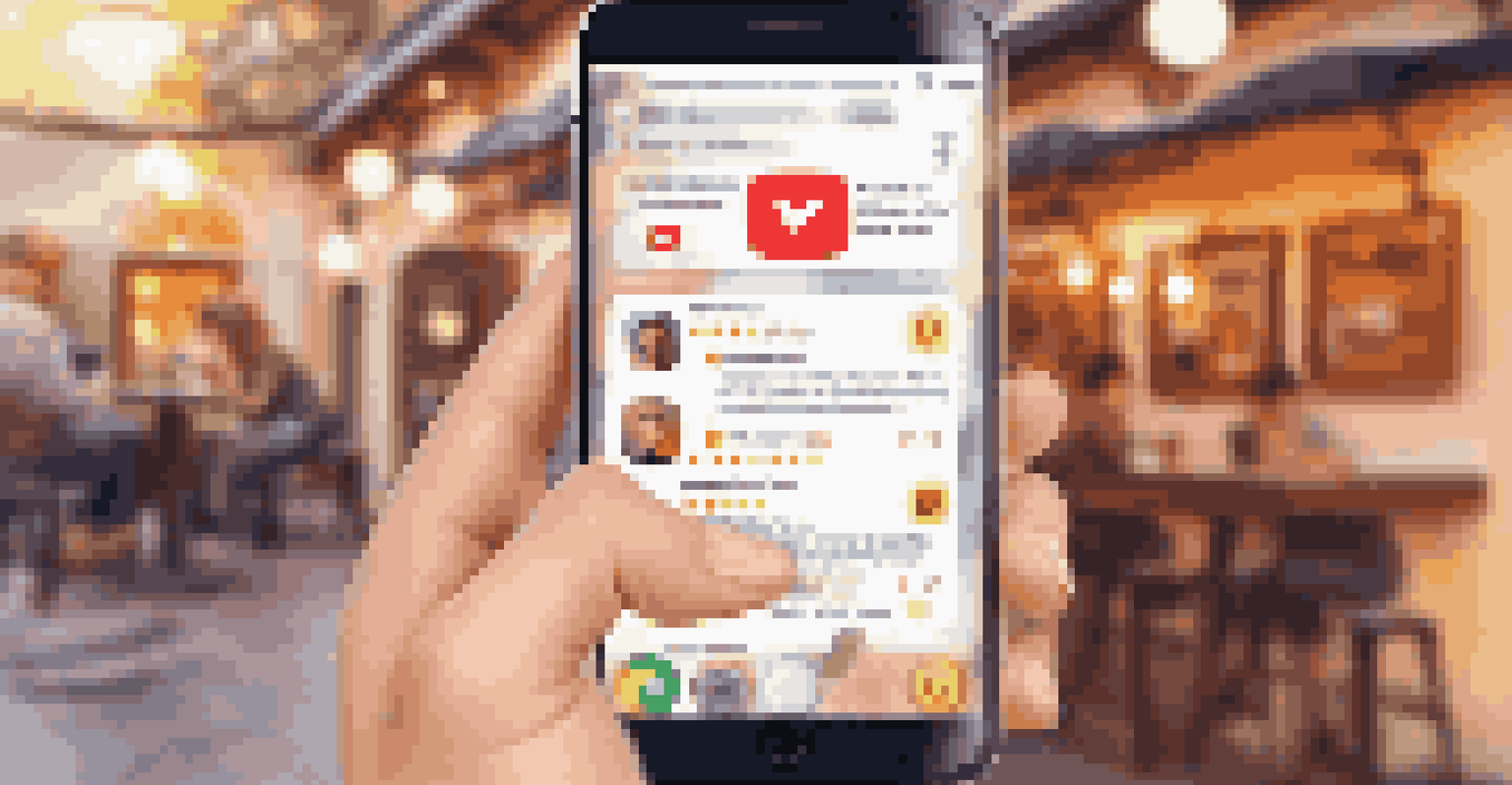 A hand holding a smartphone displaying positive feedback on social media in a cozy café setting.