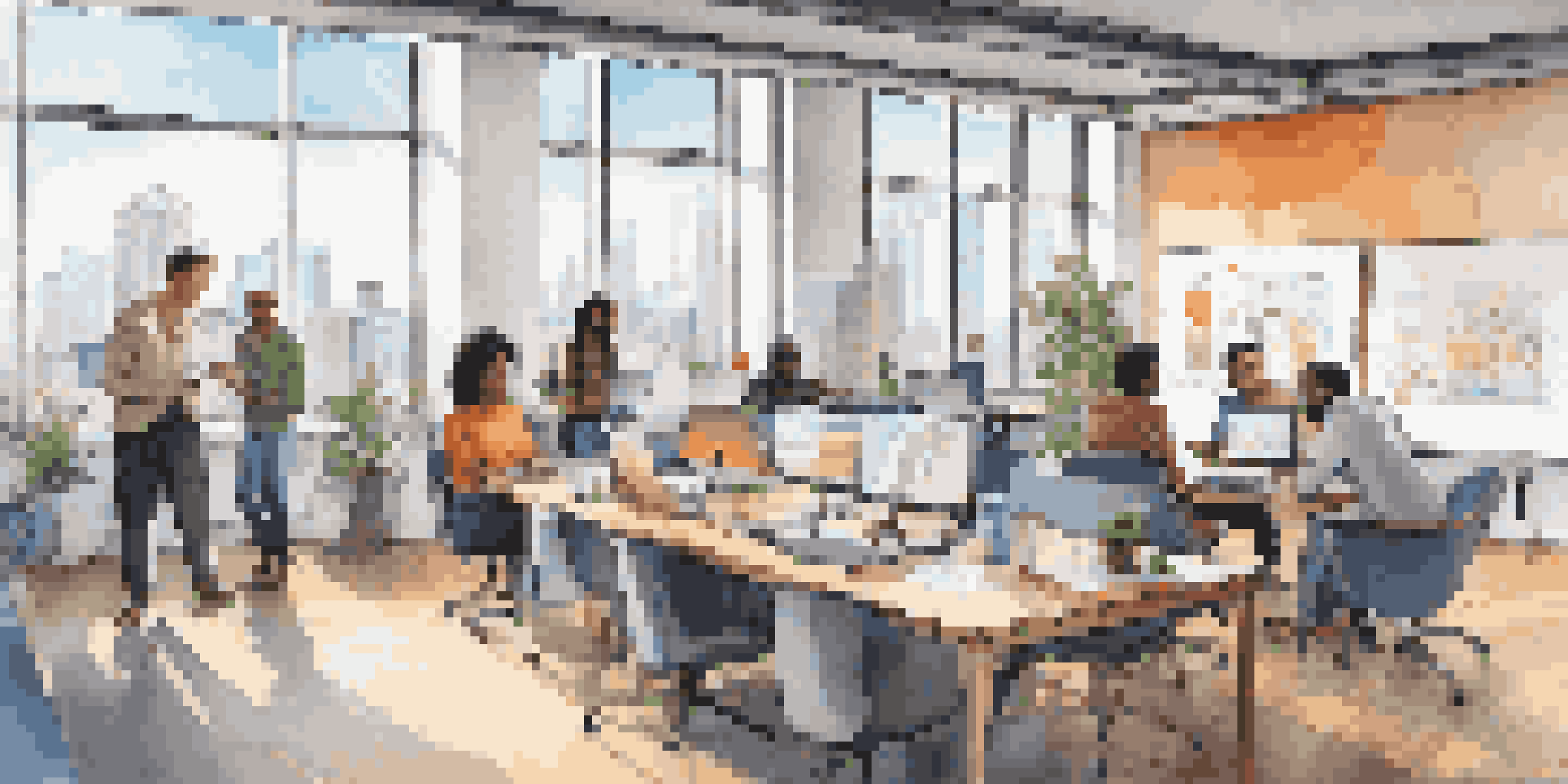 A bright co-working space where diverse entrepreneurs are collaborating at a large table, with city skyline visible through the windows and a whiteboard filled with diagrams in the foreground.