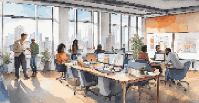 A bright co-working space where diverse entrepreneurs are collaborating at a large table, with city skyline visible through the windows and a whiteboard filled with diagrams in the foreground.