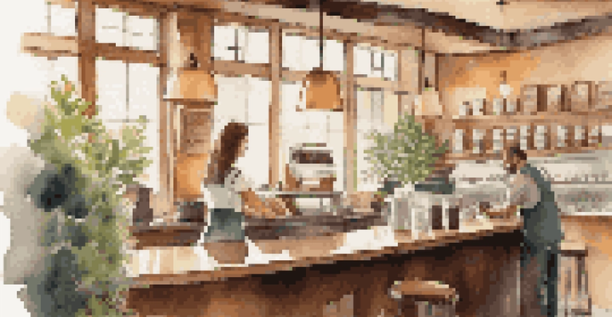 A warm coffee shop scene with a smiling barista serving a customer, showcasing a personalized experience in a cozy atmosphere.