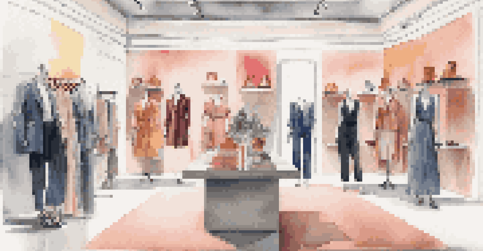 A creative visual merchandising display in a boutique showcasing seasonal fashion items with vibrant colors and stylish mannequins.