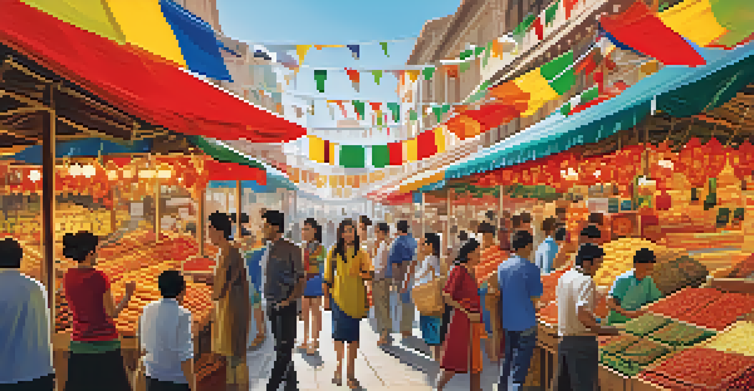 A lively global marketplace with diverse shoppers and colorful stalls representing different countries.
