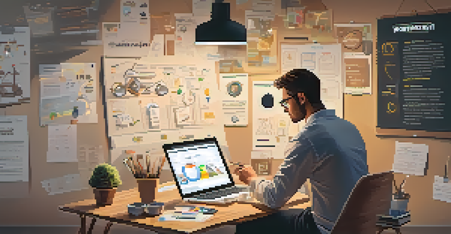 An entrepreneur in a well-decorated workspace, reviewing charts and product listings on a laptop, with motivational decor.