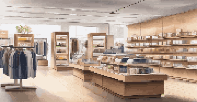 A modern retail store with physical products and digital screens, showcasing a hybrid shopping experience.