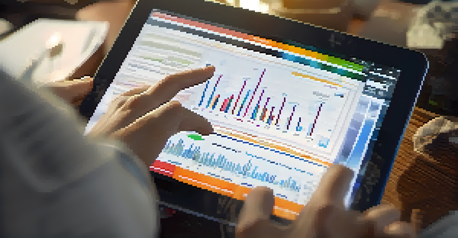 A close-up image of a person's hands analyzing market trends on a tablet, with market reports visible on the screen and a softly blurred background.