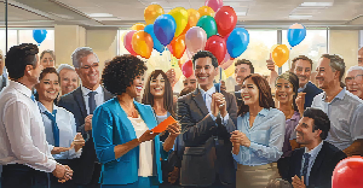 An employee, a middle-aged woman, receiving an award in a modern office, surrounded by cheering colleagues.