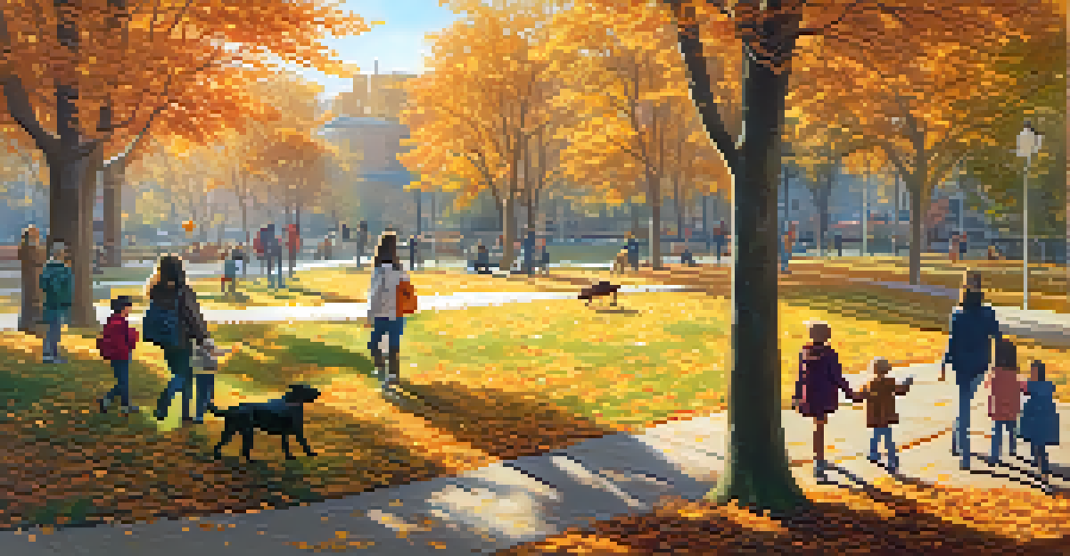 A picturesque park in autumn with families, children playing, and colorful trees.