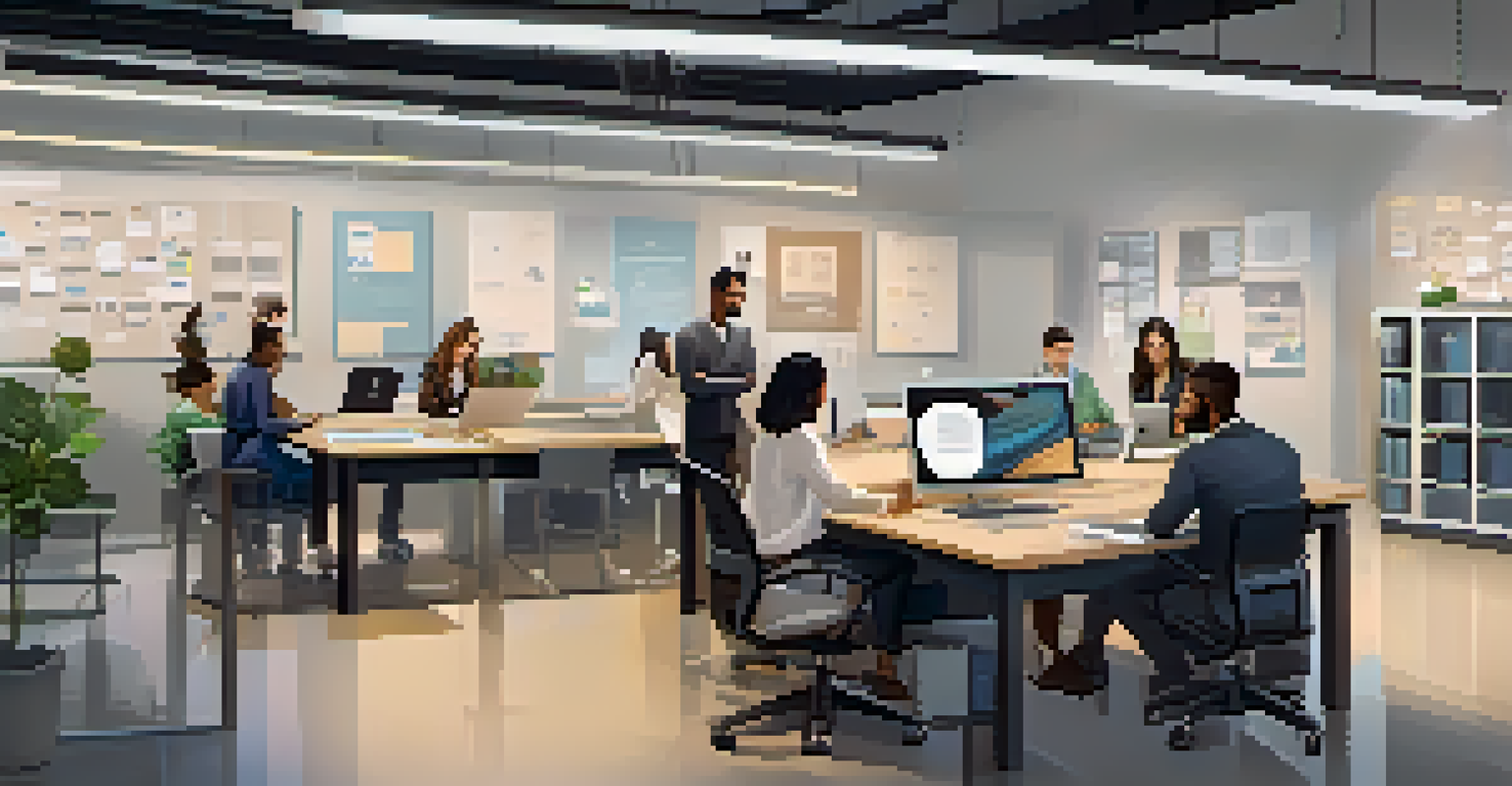 A peaceful office setting where a team is reviewing user feedback, with modern decor and soft lighting creating an inviting atmosphere.