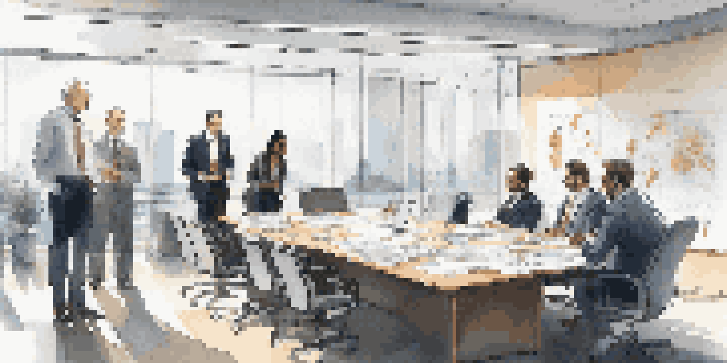 A group of diverse executives discussing a business continuity plan in a well-lit office environment.