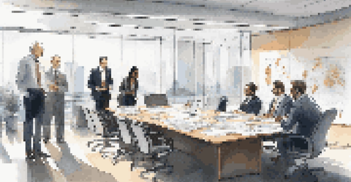 A group of diverse executives discussing a business continuity plan in a well-lit office environment.