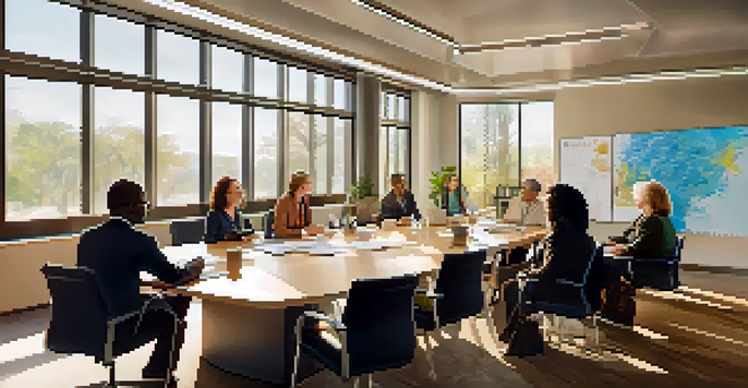 A diverse group of nonprofit leaders brainstorming around a conference table in a well-lit room.