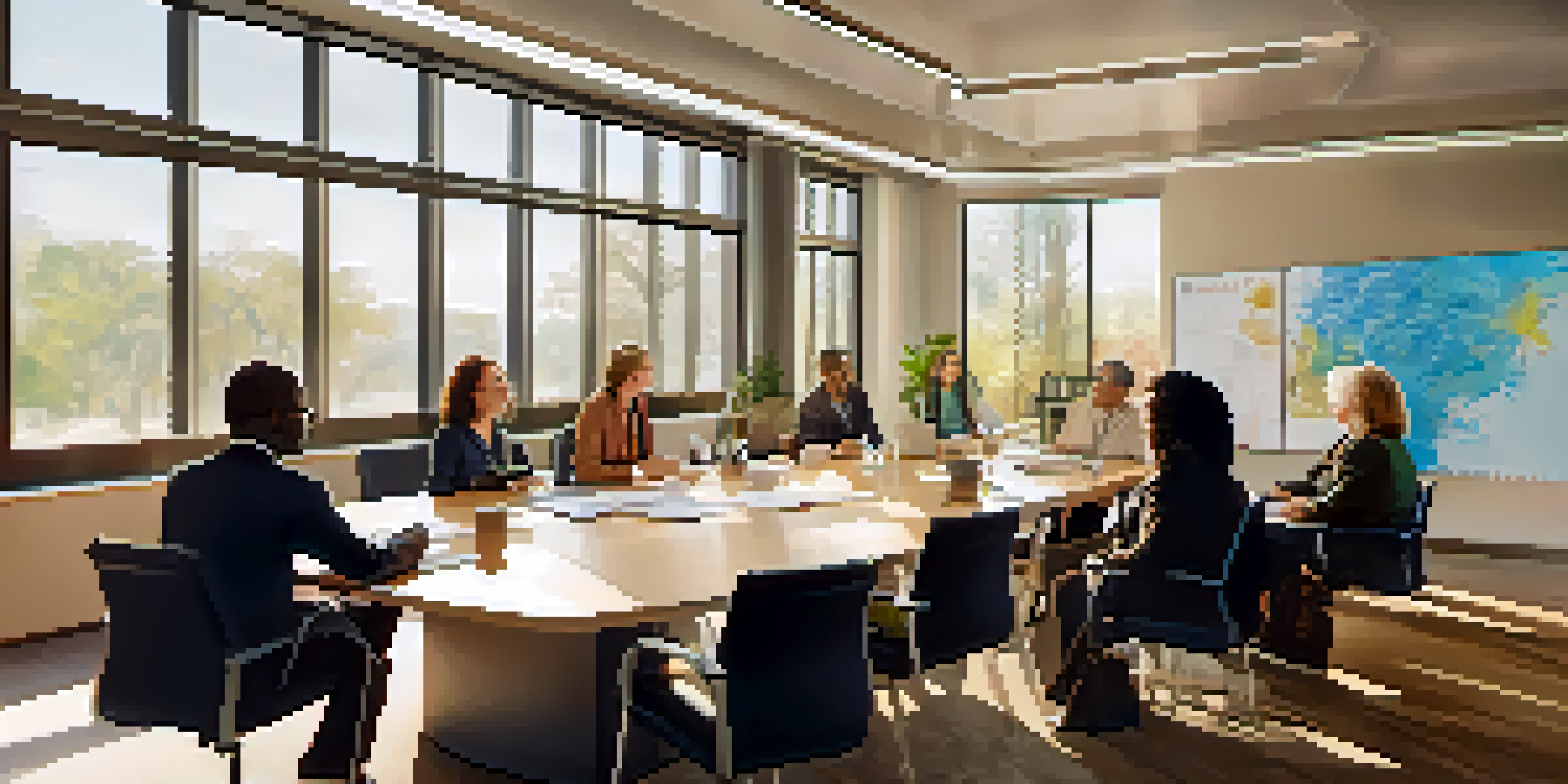 A diverse group of nonprofit leaders brainstorming around a conference table in a well-lit room.