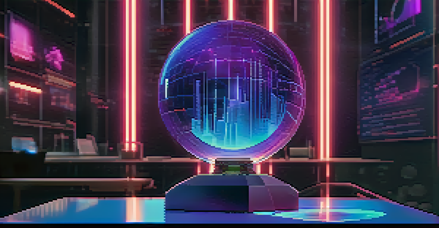 A crystal ball on a high-tech desk displaying holographic data projections in a futuristic setting.