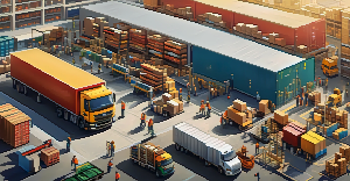 A busy urban logistics center with workers, delivery trucks, and packages, illuminated by afternoon sunlight.