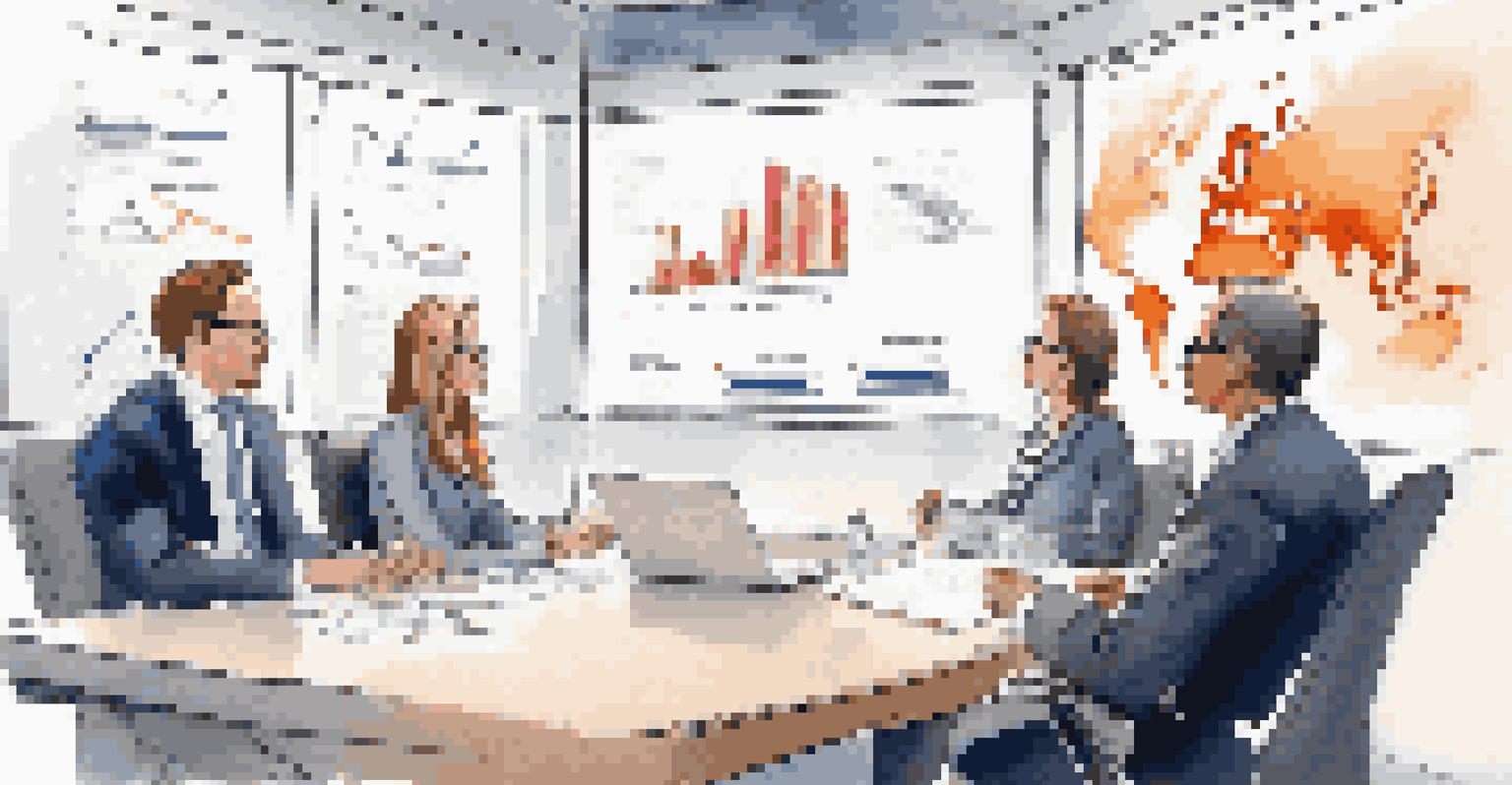 A team of executives in a meeting room discussing business analytics, with a screen showing performance metrics.