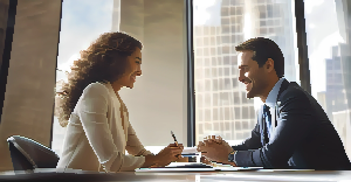 Two business professionals engaged in a friendly negotiation at a conference table, smiling and maintaining eye contact in a well-lit office environment.