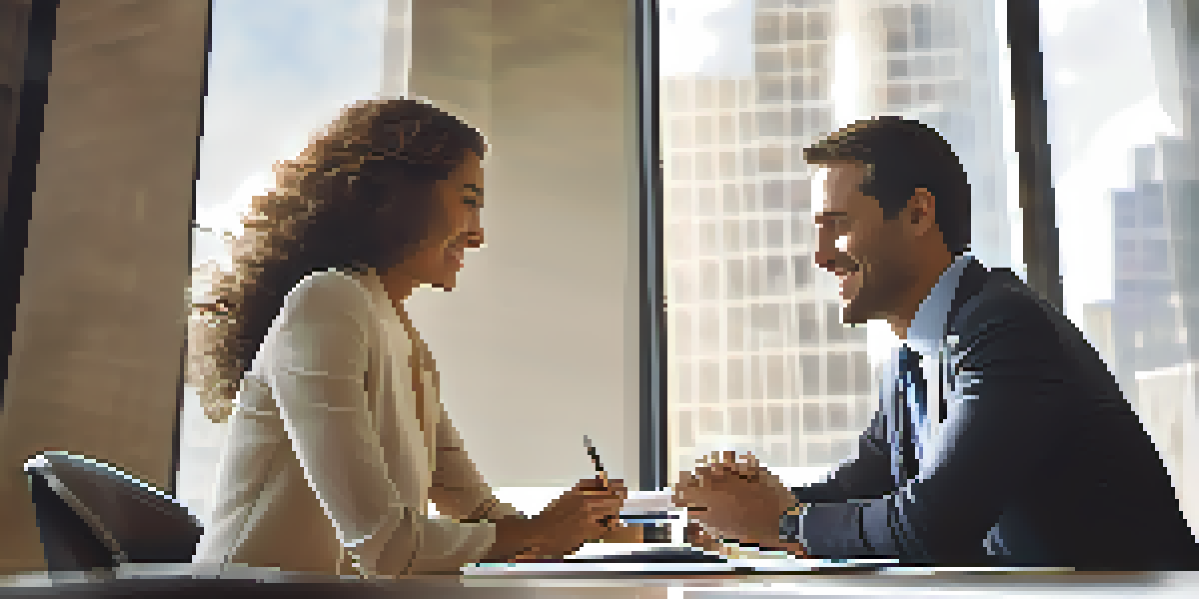 Two business professionals engaged in a friendly negotiation at a conference table, smiling and maintaining eye contact in a well-lit office environment.