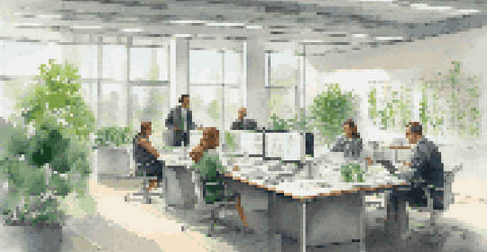 A bright office with professionals discussing IP strategies, surrounded by plants and patent certificates.