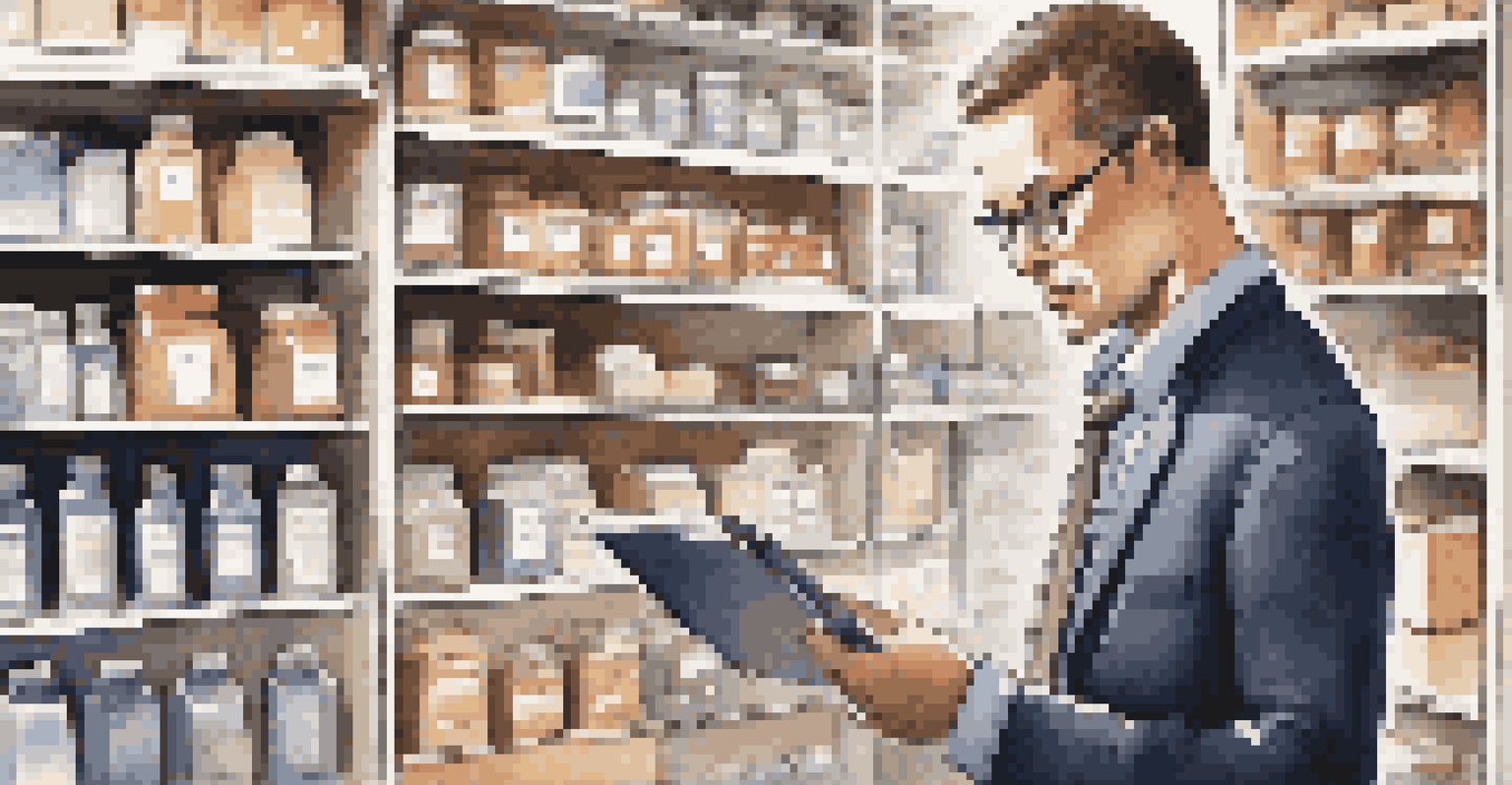 A retail manager examining data on a tablet in a well-organized inventory space, portraying an analytical approach to retail management.