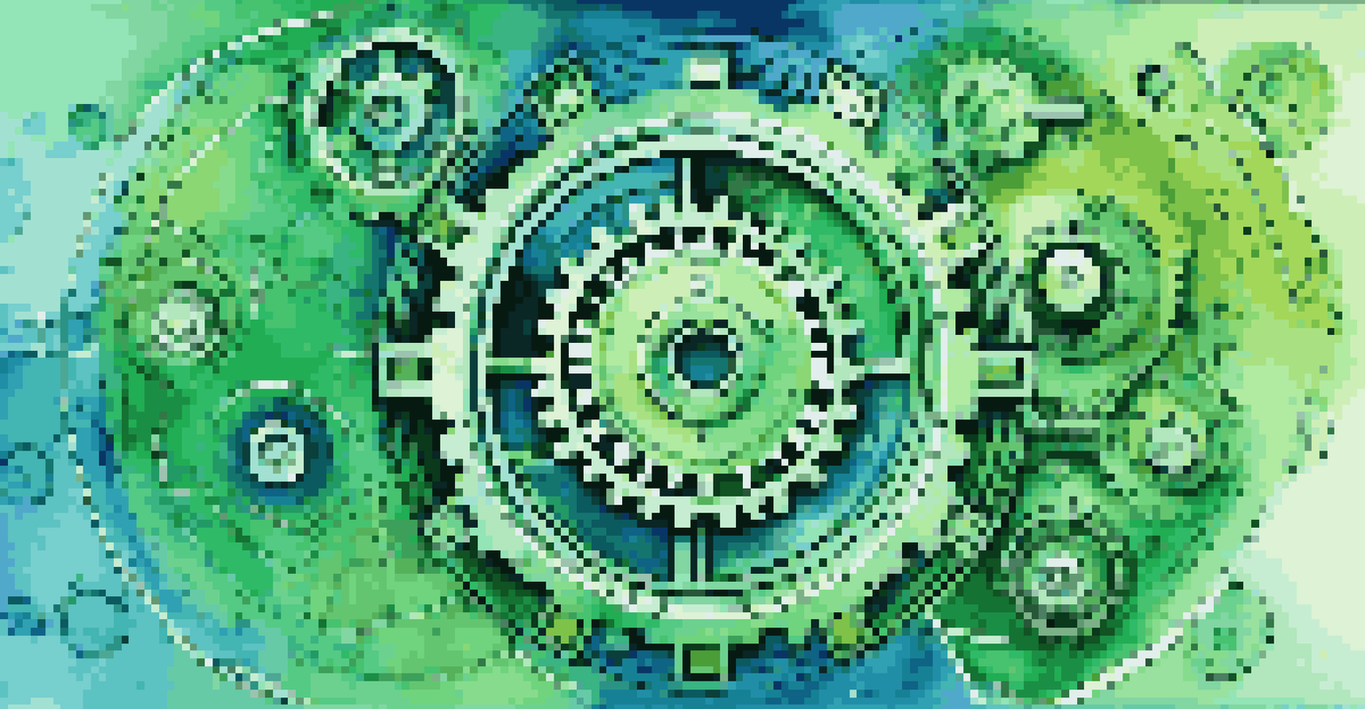 An abstract illustration of technology and business transformation with interconnected gears and digital patterns on a blue and green gradient background.
