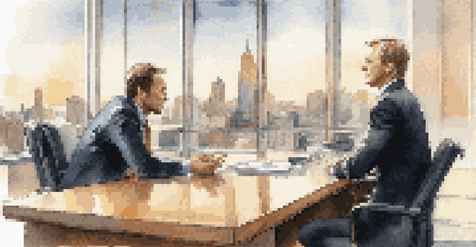 Two businesspeople engaged in a positive negotiation in a modern office, with a city skyline visible through large windows.