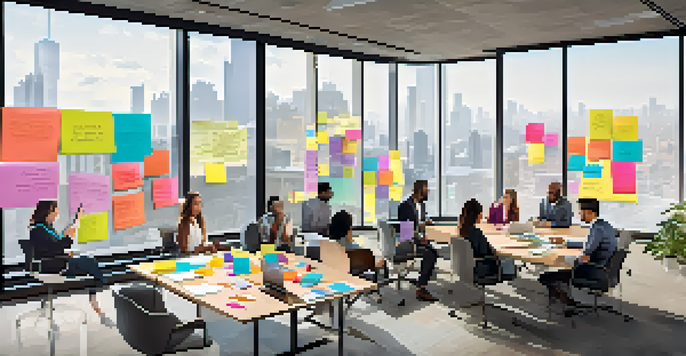 A diverse group of professionals collaborating in a bright office with a city view, sharing ideas on a whiteboard filled with sticky notes.