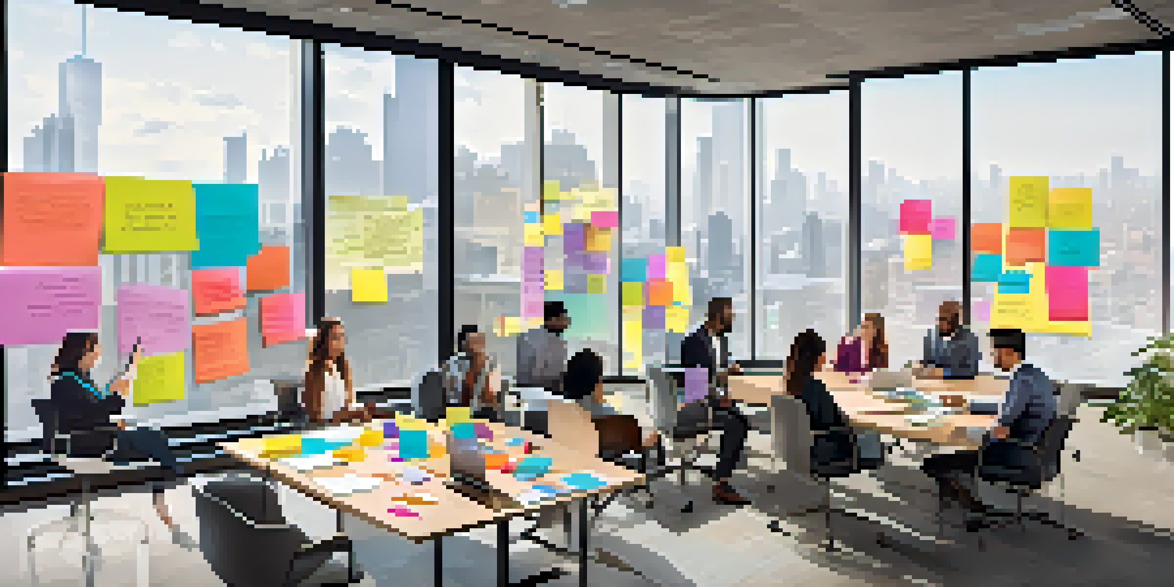 A diverse group of professionals collaborating in a bright office with a city view, sharing ideas on a whiteboard filled with sticky notes.