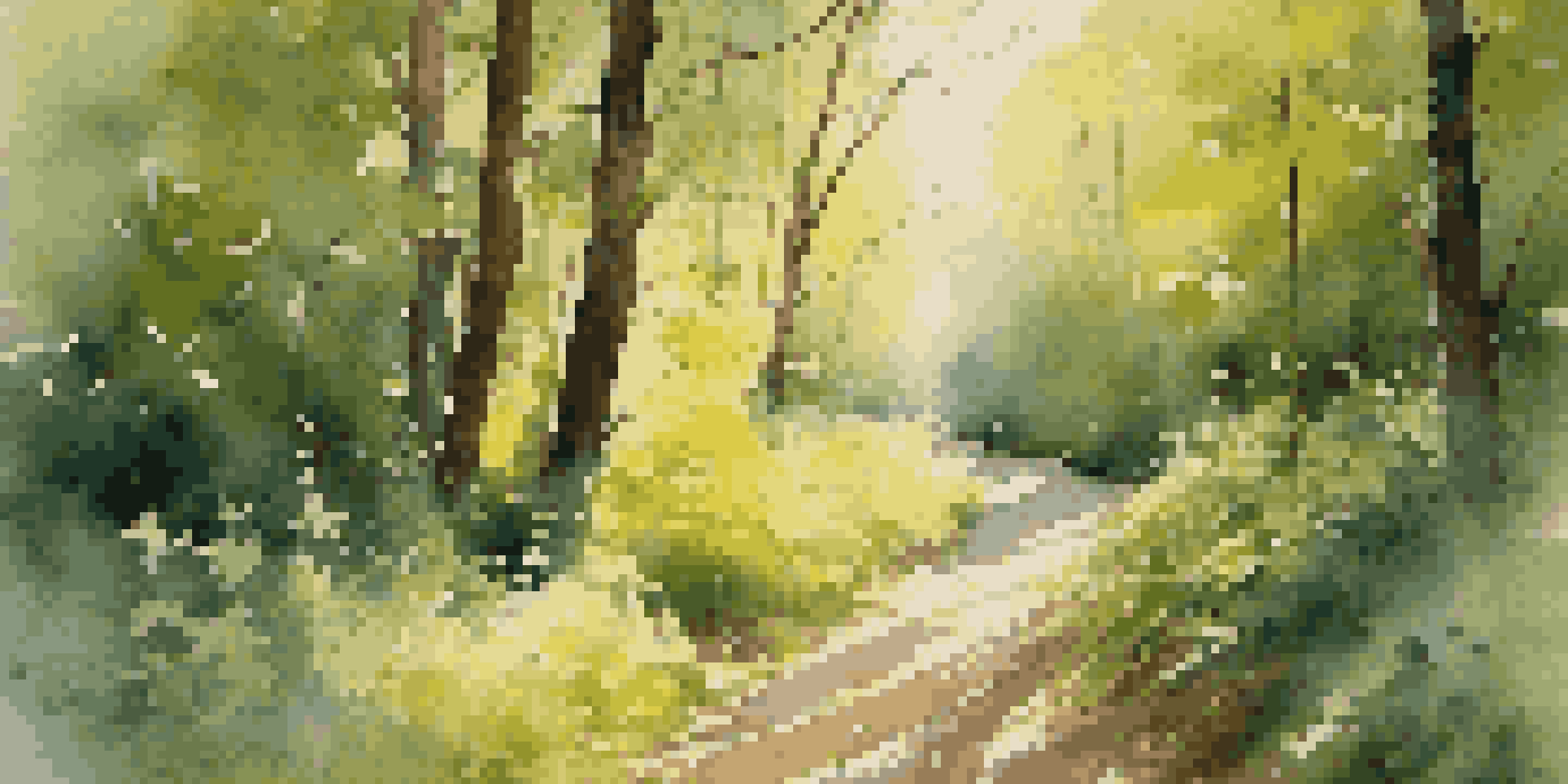 A peaceful forest path bathed in golden sunlight with green plants and colorful wildflowers along the way.