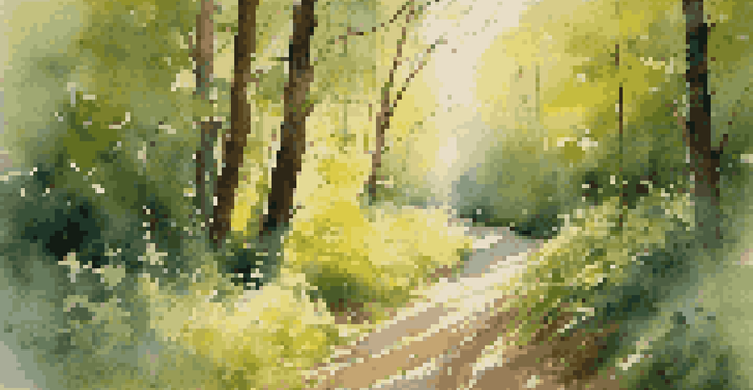 A peaceful forest path bathed in golden sunlight with green plants and colorful wildflowers along the way.