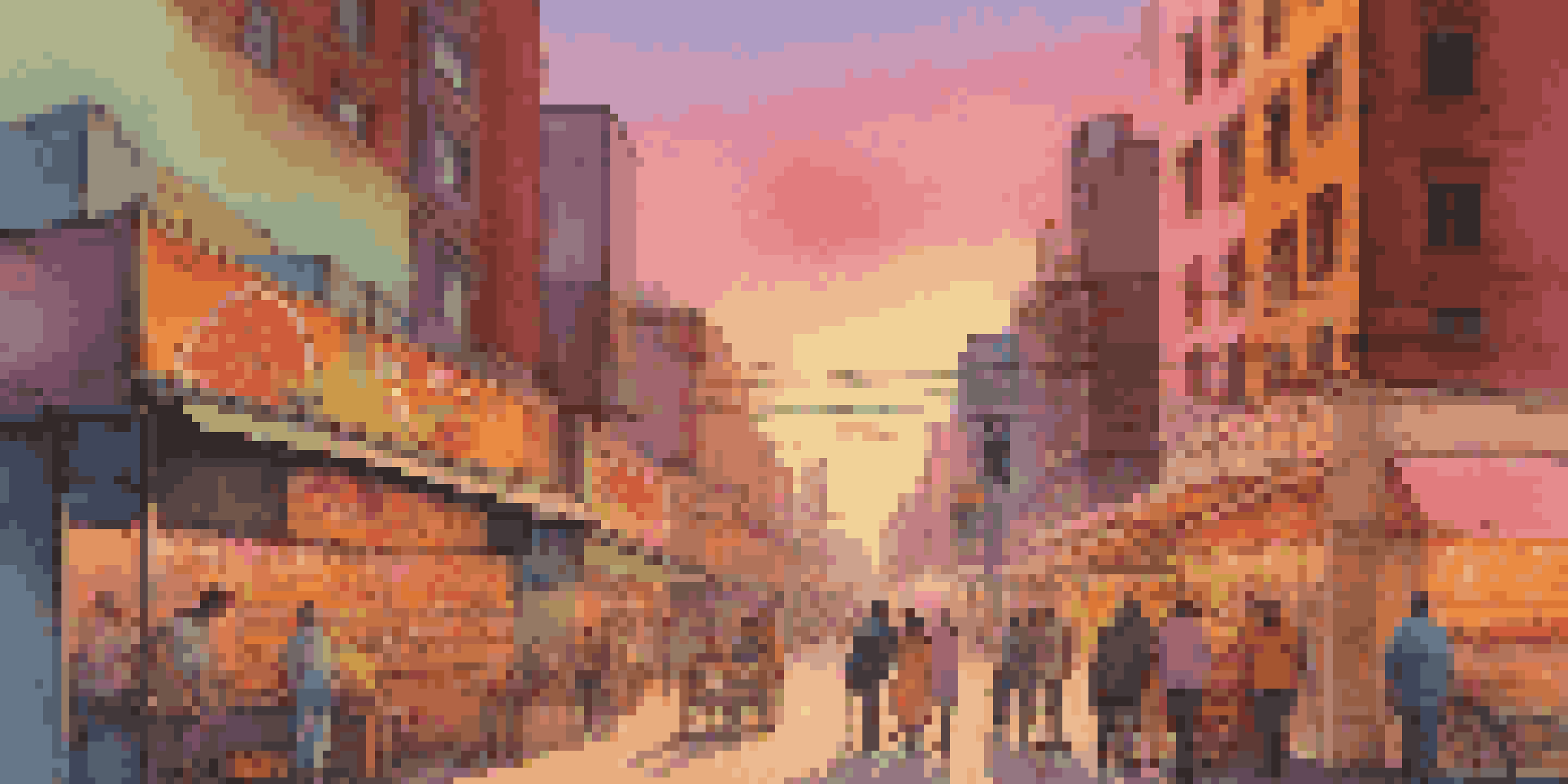 A lively city street at sunset, with people walking, neon signs, and a fruit vendor.