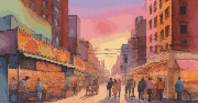 A lively city street at sunset, with people walking, neon signs, and a fruit vendor.
