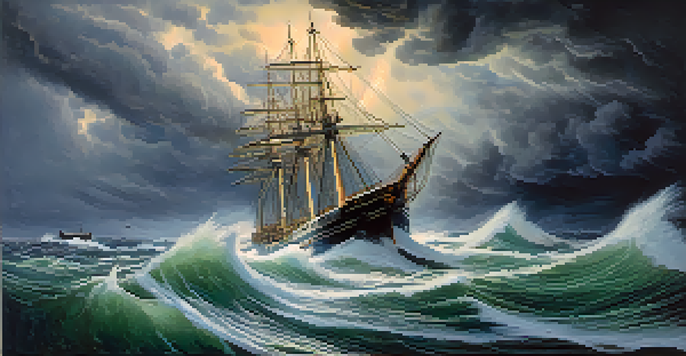 A ship navigating through a storm with dark clouds and crashing waves, brightly lit from within, showcasing resilience against the turbulent sea.