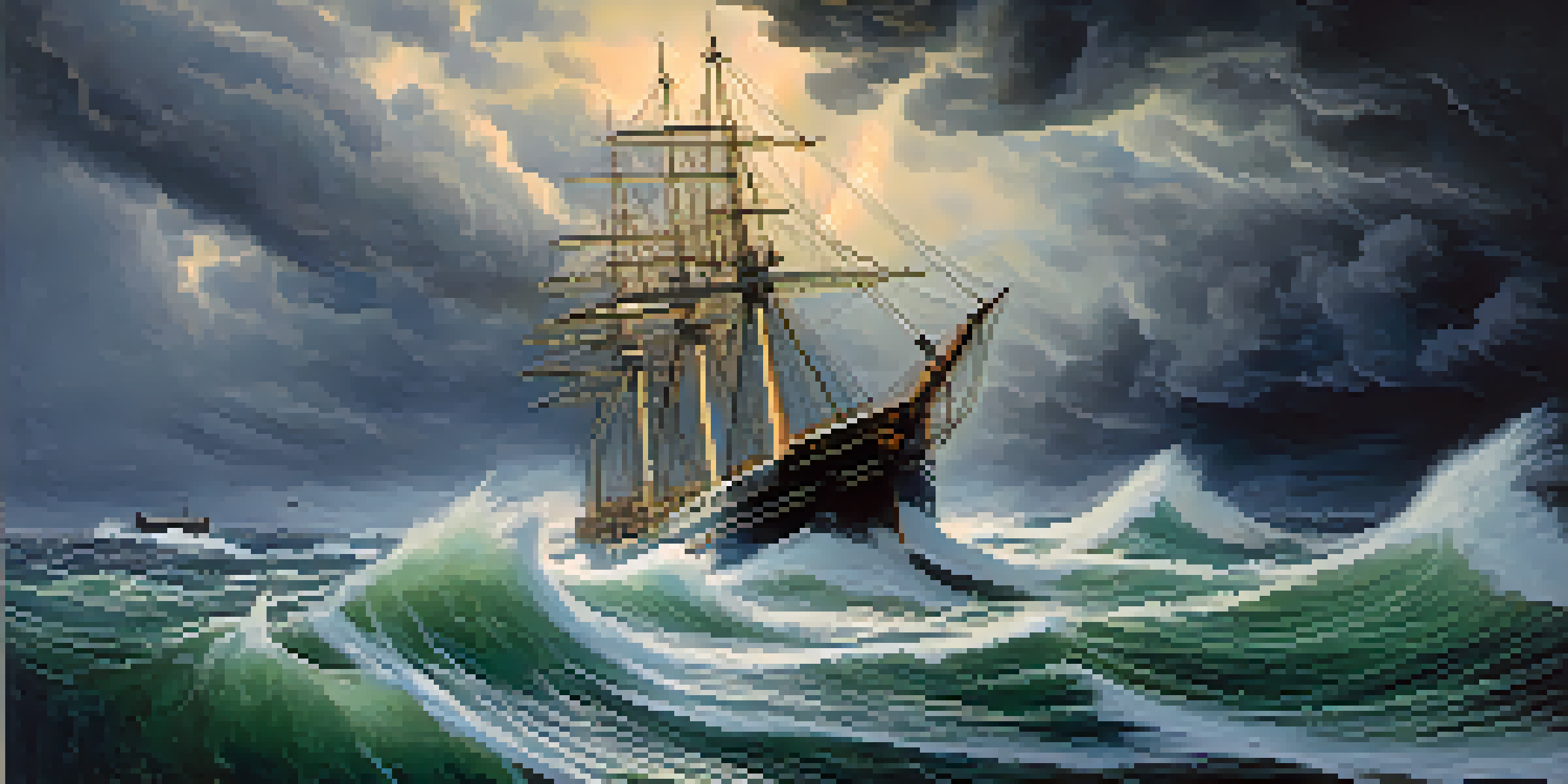A ship navigating through a storm with dark clouds and crashing waves, brightly lit from within, showcasing resilience against the turbulent sea.