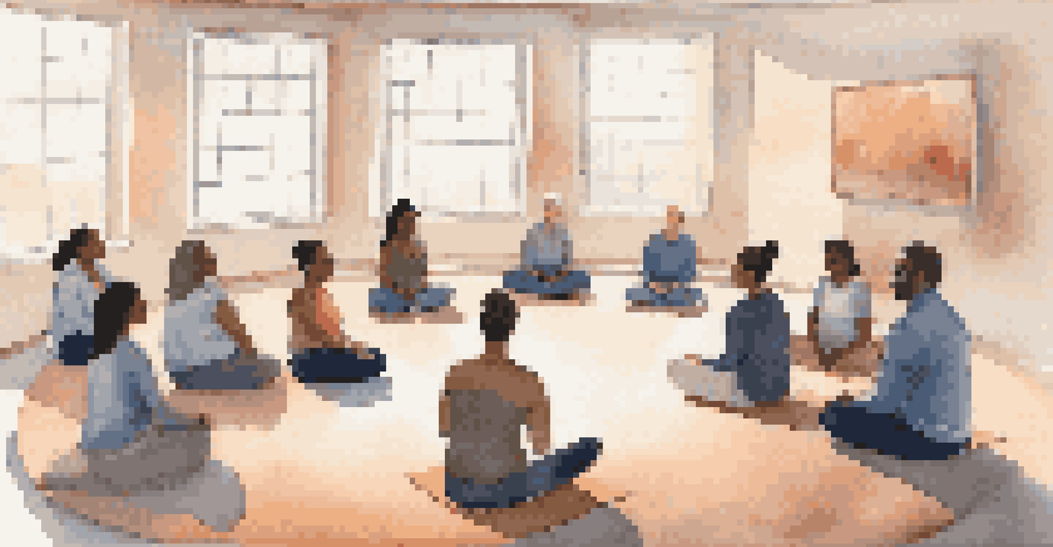 A group of employees participating in a mindfulness workshop, practicing meditation in a cozy setting.