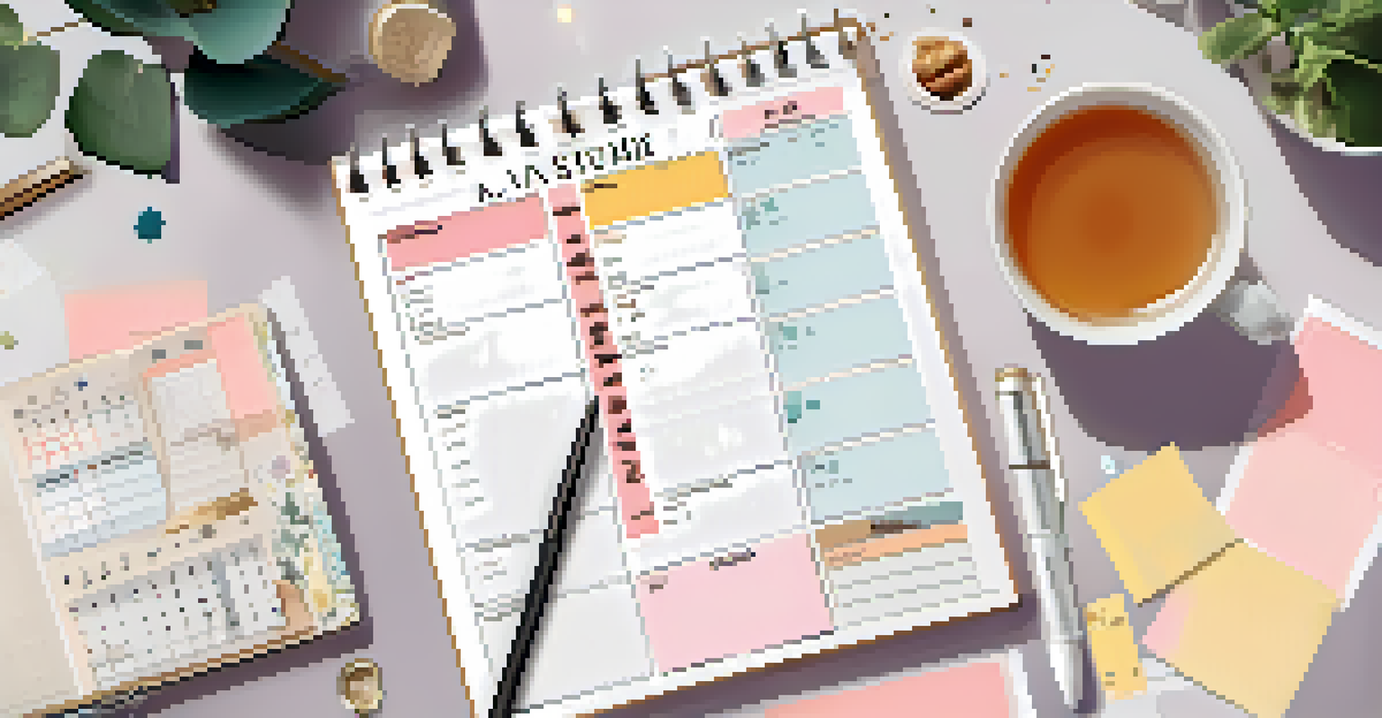 A colorful planner filled with tasks and goals, accompanied by motivational stickers and a cup of tea, symbolizing organization.