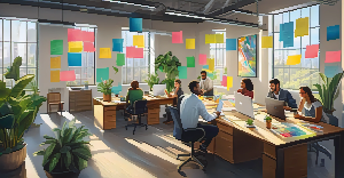 A group of diverse employees working together in a bright office space, surrounded by plants and artwork, collaborating on ideas with laptops and sticky notes.